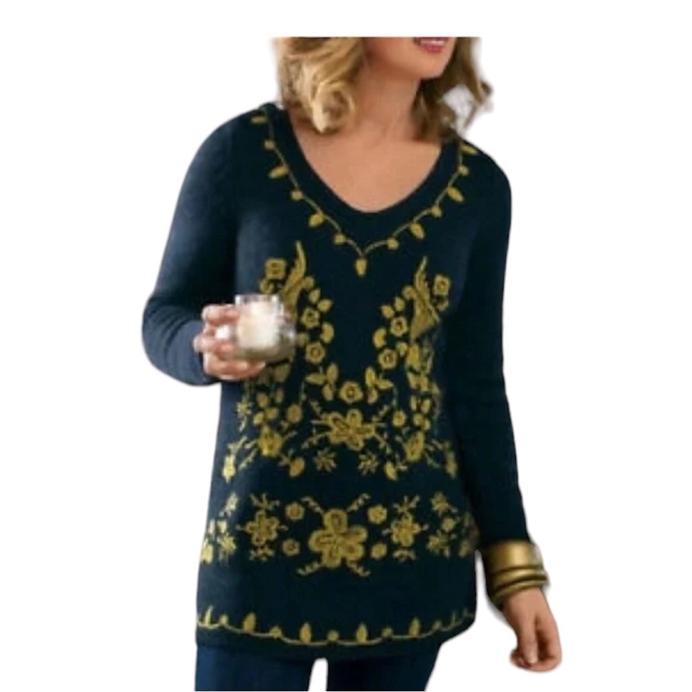 Soft Surroundings Blue Gold Embroidered Sweater Angora Wool Bird Floral M Vneck